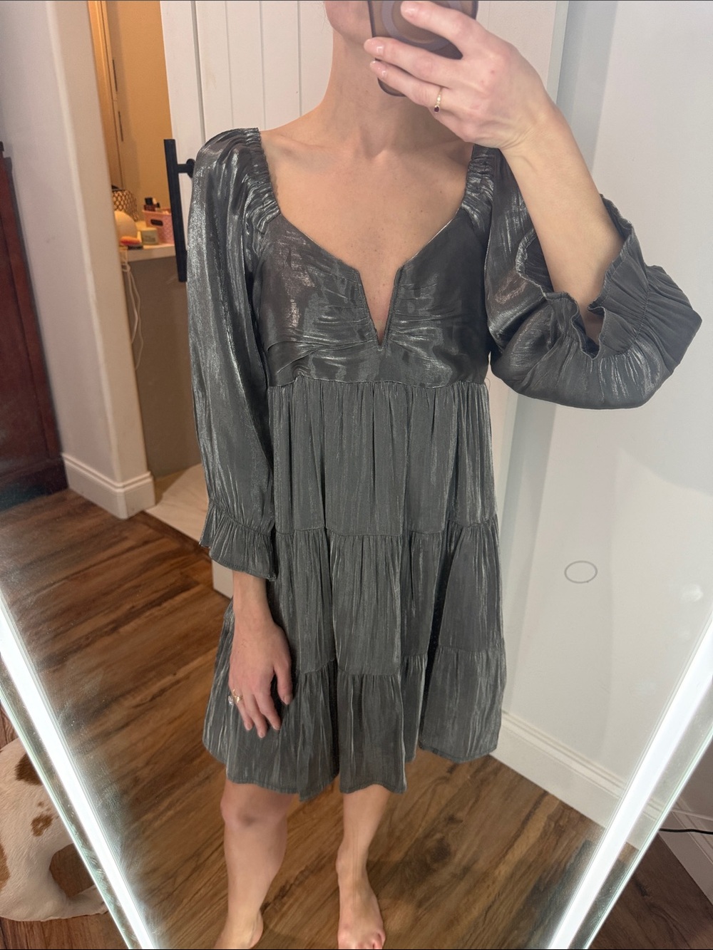 entro Metallic Slate Tiered V-Neck Mini Dress